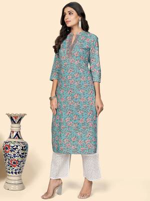 Print & Embroidered Straight Cotton Sky Blue Stitched Kurta 4