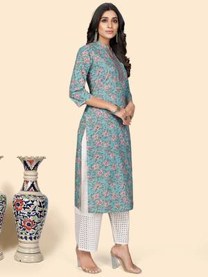Print & Embroidered Straight Cotton Sky Blue Stitched Kurta 5