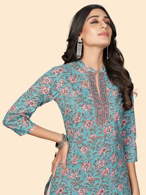 Print & Embroidered Straight Cotton Sky Blue Stitched Kurta 6