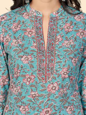 Print & Embroidered Straight Cotton Sky Blue Stitched Kurta 7