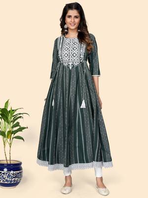 Print & Embroidered Anarkali Cotton Green Stitched Kurta 1