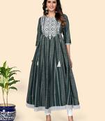 Print & Embroidered Anarkali Cotton Green Stitched Kurta
