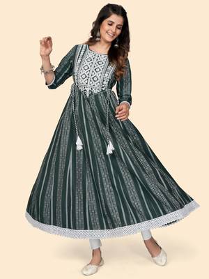 Print & Embroidered Anarkali Cotton Green Stitched Kurta 2