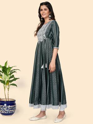 Print & Embroidered Anarkali Cotton Green Stitched Kurta 4