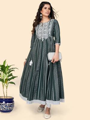 Print & Embroidered Anarkali Cotton Green Stitched Kurta 8