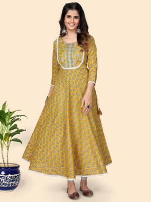 Print & Lace Work Anarkali Cotton Yellow Stitched Kurta 1