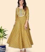Print & Lace Work Anarkali Cotton Yellow Stitched Kurta