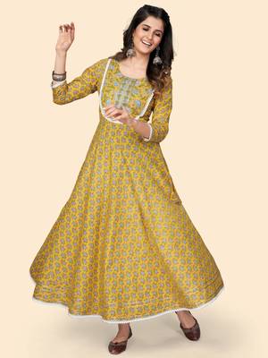 Print & Lace Work Anarkali Cotton Yellow Stitched Kurta 2
