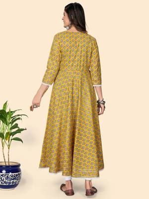 Print & Lace Work Anarkali Cotton Yellow Stitched Kurta 3