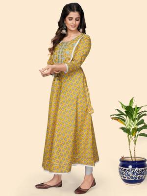 Print & Lace Work Anarkali Cotton Yellow Stitched Kurta 4