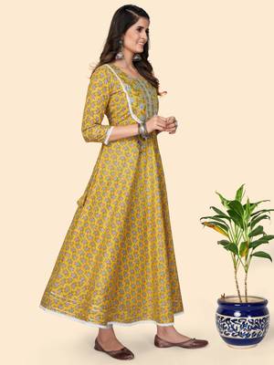 Print & Lace Work Anarkali Cotton Yellow Stitched Kurta 5