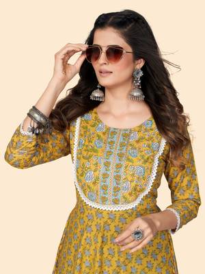 Print & Lace Work Anarkali Cotton Yellow Stitched Kurta 6