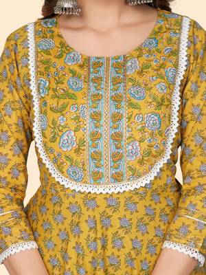 Print & Lace Work Anarkali Cotton Yellow Stitched Kurta 7