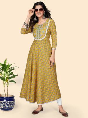 Print & Lace Work Anarkali Cotton Yellow Stitched Kurta 8