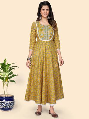 Print & Lace Work Anarkali Cotton Yellow Stitched Kurta 9