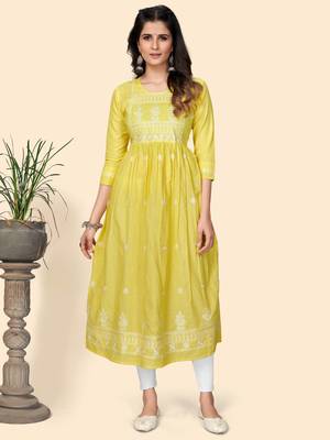 Print & Embroidered A-Line Cotton Yellow Stitched Kurta 1