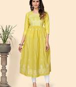 Print & Embroidered A-Line Cotton Yellow Stitched Kurta