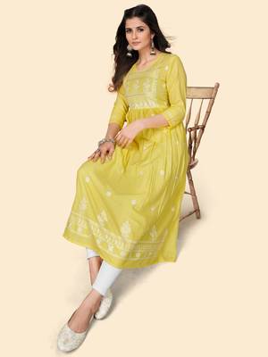 Print & Embroidered A-Line Cotton Yellow Stitched Kurta 2