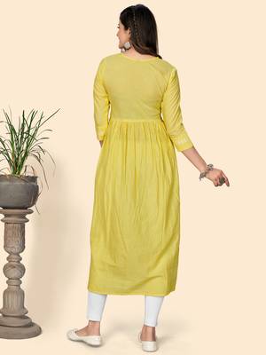 Print & Embroidered A-Line Cotton Yellow Stitched Kurta 3