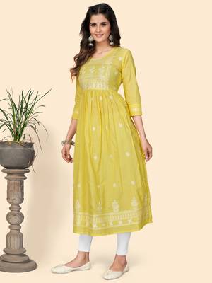 Print & Embroidered A-Line Cotton Yellow Stitched Kurta 4