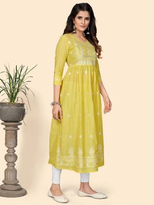 Print & Embroidered A-Line Cotton Yellow Stitched Kurta 5