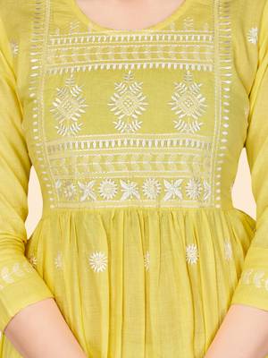 Print & Embroidered A-Line Cotton Yellow Stitched Kurta 7