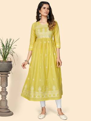 Print & Embroidered A-Line Cotton Yellow Stitched Kurta 8