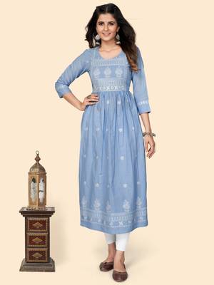 Print & Embroidered A-Line Cotton Levander Stitched Kurta 1