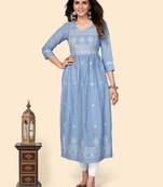 Print & Embroidered A-Line Cotton Levander Stitched Kurta