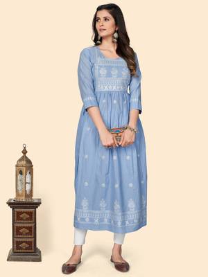 Print & Embroidered A-Line Cotton Levander Stitched Kurta 2
