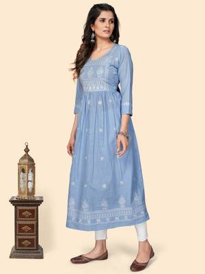 Print & Embroidered A-Line Cotton Levander Stitched Kurta 4