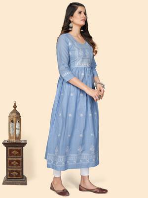 Print & Embroidered A-Line Cotton Levander Stitched Kurta 5
