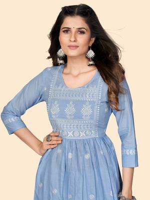Print & Embroidered A-Line Cotton Levander Stitched Kurta 6