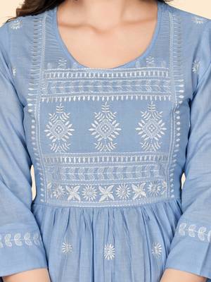 Print & Embroidered A-Line Cotton Levander Stitched Kurta 7