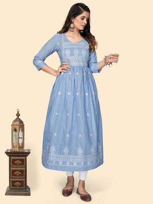 Print & Embroidered A-Line Cotton Levander Stitched Kurta 8