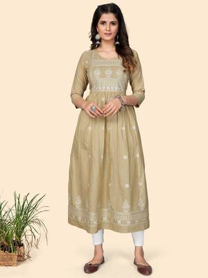 Print & Embroidered A-Line Cotton Beige Stitched Kurta 1