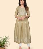 Print & Embroidered A-Line Cotton Beige Stitched Kurta
