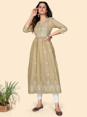 Print & Embroidered A-Line Cotton Beige Stitched Kurta 2