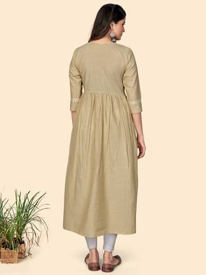 Print & Embroidered A-Line Cotton Beige Stitched Kurta 3