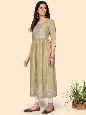 Print & Embroidered A-Line Cotton Beige Stitched Kurta 4