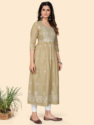 Print & Embroidered A-Line Cotton Beige Stitched Kurta 5