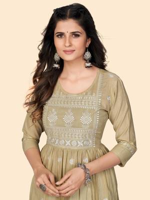 Print & Embroidered A-Line Cotton Beige Stitched Kurta 6