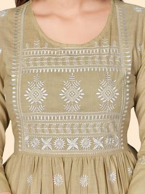 Print & Embroidered A-Line Cotton Beige Stitched Kurta 7