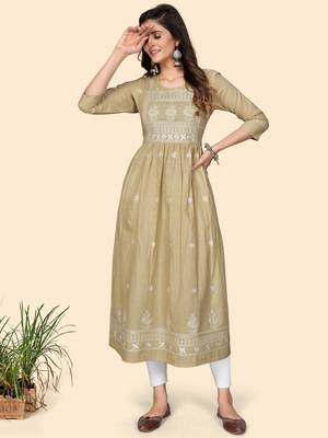 Print & Embroidered A-Line Cotton Beige Stitched Kurta 8