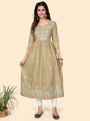 Print & Embroidered A-Line Cotton Beige Stitched Kurta 9