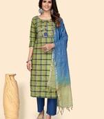 Print & Embroidered Straight Cotton Parrot Green Stitched Kurta Pant With Dupatta