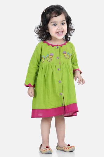 BownBee  GirlsCotton Embroidered Frock Dress for Girls- Green