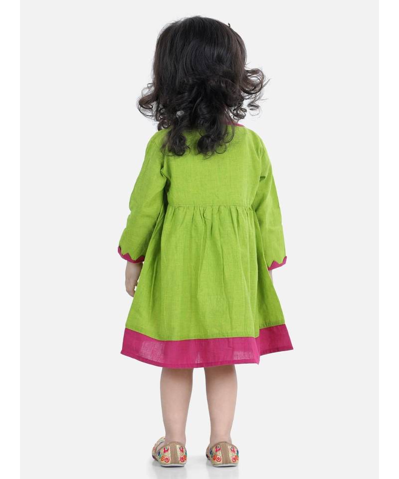 BownBee  GirlsCotton Embroidered Frock Dress for Girls- Green