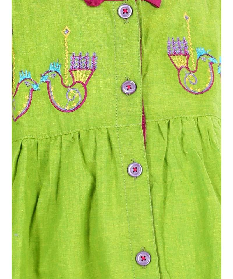 BownBee  GirlsCotton Embroidered Frock Dress for Girls- Green