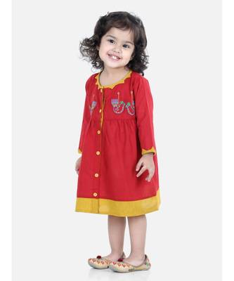 BownBee  GirlsCotton Embroidered Frock Dress for Girls- Red 2